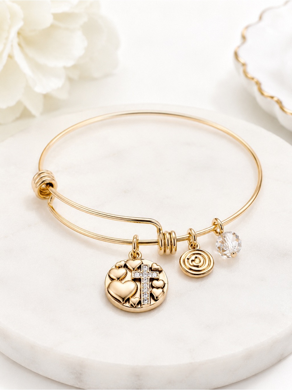 Love This Life Faith Gold Charm Bangle Bracelet Cross Crystal Hearts Gift NWT